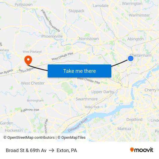 Broad St & 69th Av to Exton, PA map