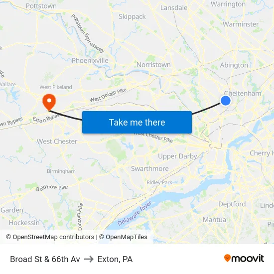 Broad St & 66th Av to Exton, PA map