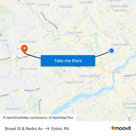 Broad St & Nedro Av to Exton, PA map