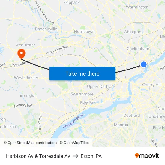 Harbison Av & Torresdale Av to Exton, PA map