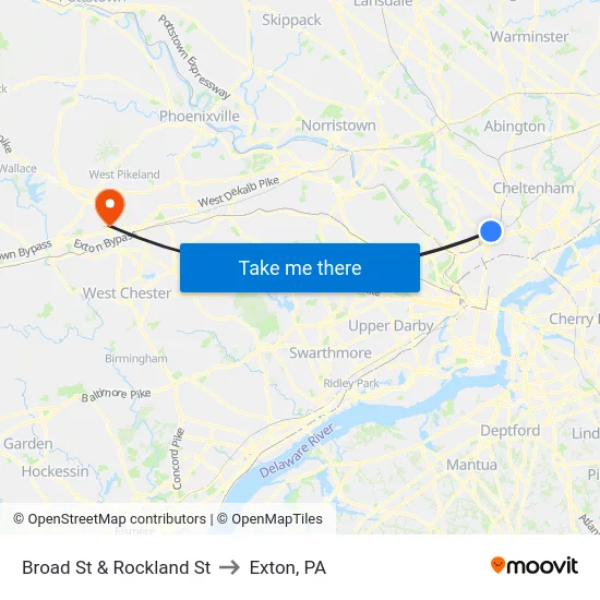Broad St & Rockland St to Exton, PA map