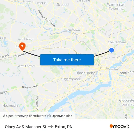 Olney Av & Mascher St to Exton, PA map