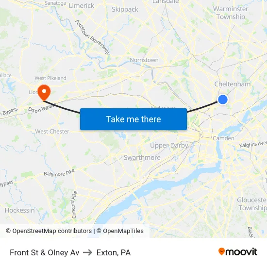 Front St & Olney Av to Exton, PA map