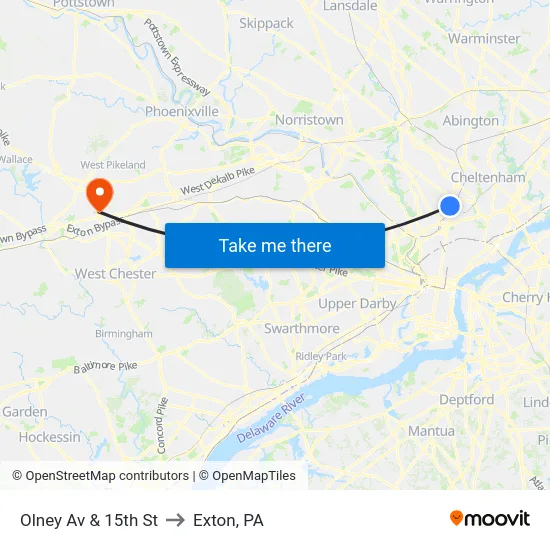 Olney Av & 15th St to Exton, PA map