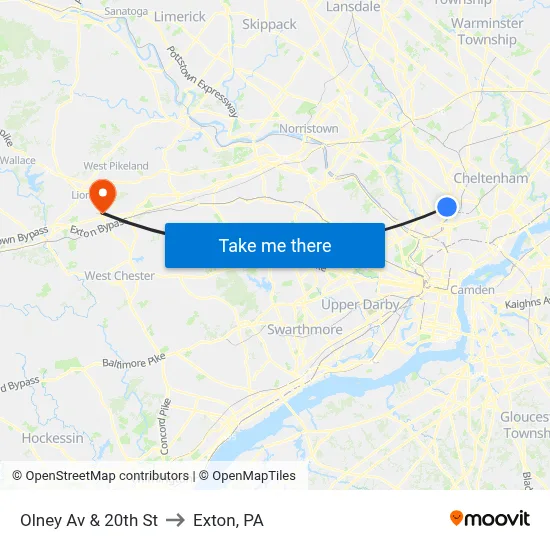 Olney Av & 20th St to Exton, PA map