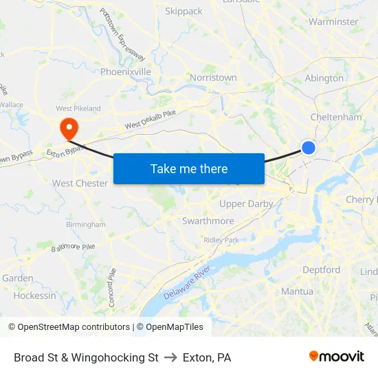 Broad St & Wingohocking St to Exton, PA map