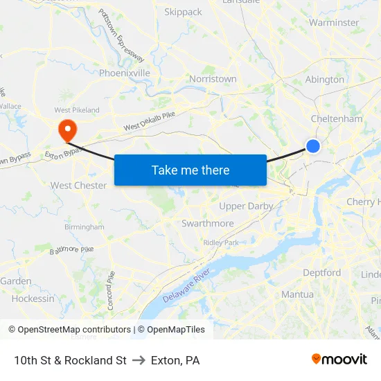 10th St & Rockland St to Exton, PA map