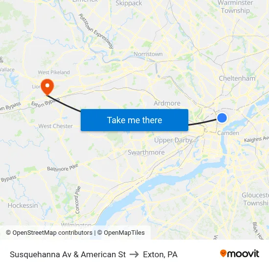 Susquehanna Av & American St to Exton, PA map