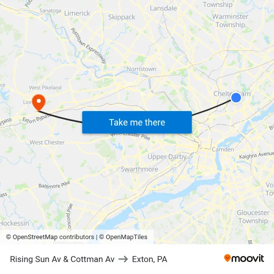 Rising Sun Av & Cottman Av to Exton, PA map