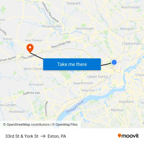 33rd St & York St to Exton, PA map