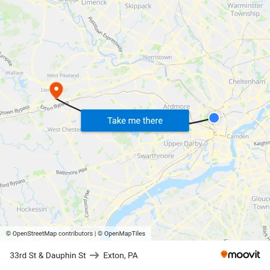 33rd St & Dauphin St to Exton, PA map