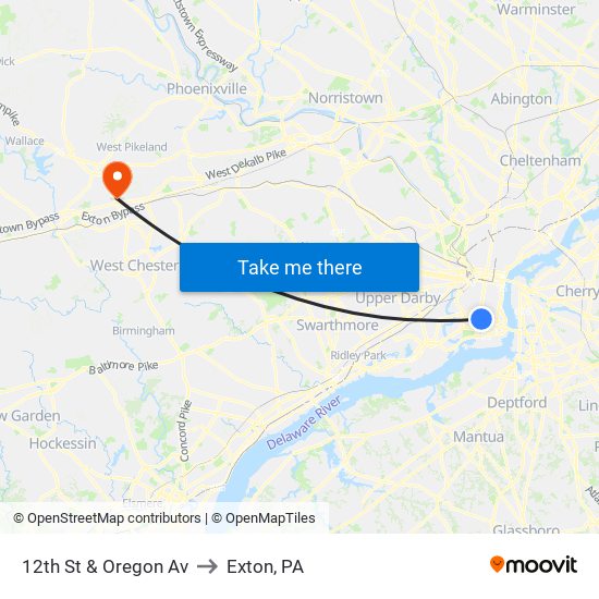12th St & Oregon Av to Exton, PA map