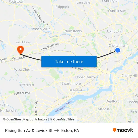 Rising Sun Av & Levick St to Exton, PA map