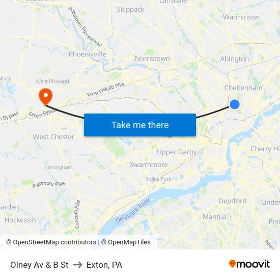 Olney Av & B St to Exton, PA map