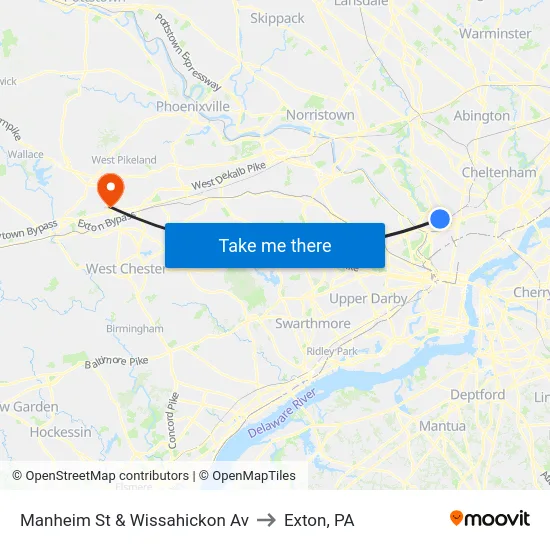 Manheim St & Wissahickon Av to Exton, PA map