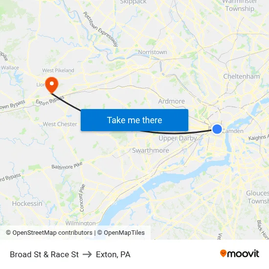 Broad St & Race St to Exton, PA map