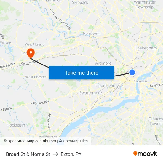 Broad St & Norris St to Exton, PA map
