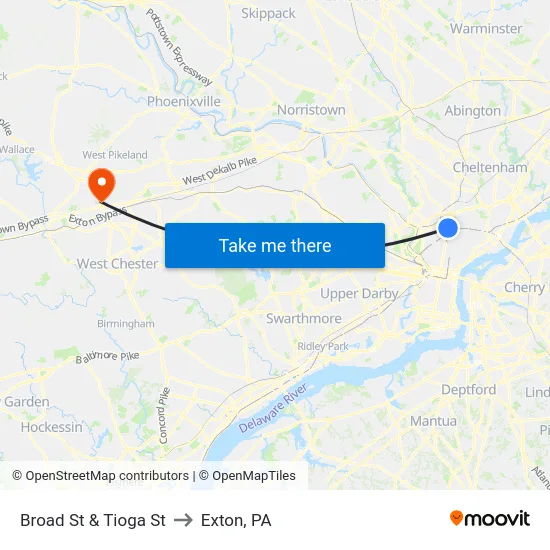 Broad St & Tioga St to Exton, PA map