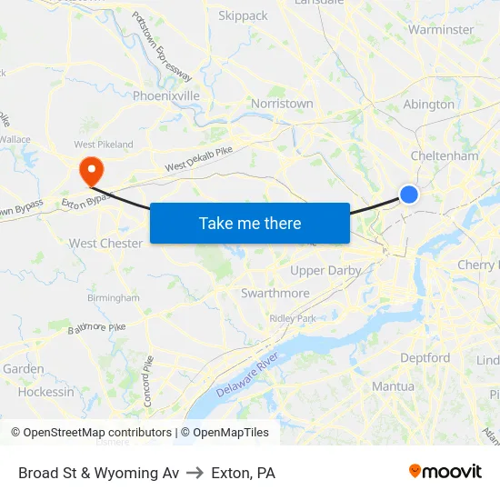 Broad St & Wyoming Av to Exton, PA map