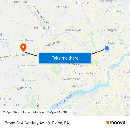 Broad St & Godfrey Av to Exton, PA map