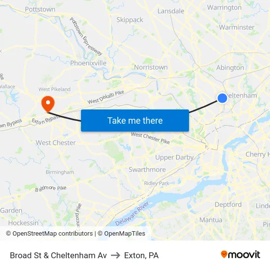 Broad St & Cheltenham Av to Exton, PA map