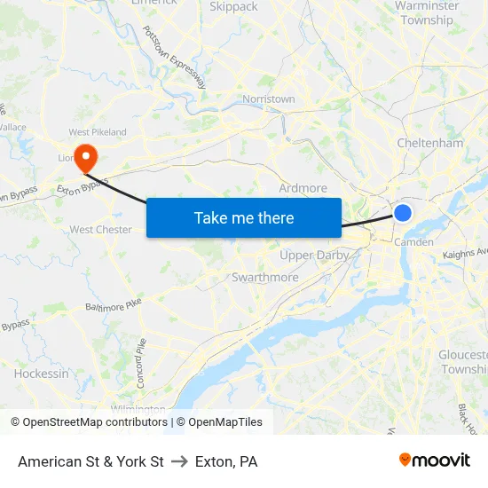 American St & York St to Exton, PA map
