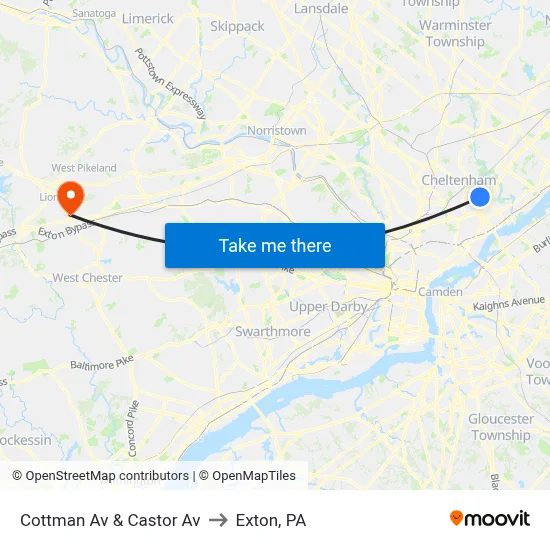 Cottman Av & Castor Av to Exton, PA map