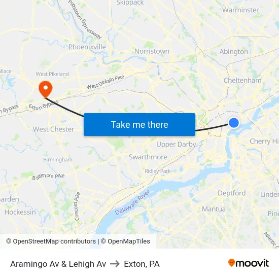 Aramingo Av & Lehigh Av to Exton, PA map