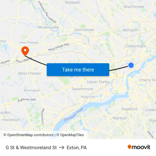G St & Westmoreland St to Exton, PA map