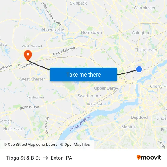Tioga St & B St to Exton, PA map