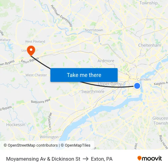 Moyamensing Av & Dickinson St to Exton, PA map