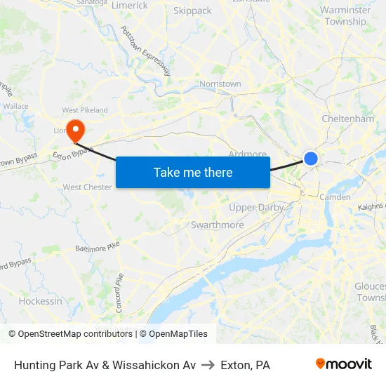 Hunting Park Av & Wissahickon Av to Exton, PA map
