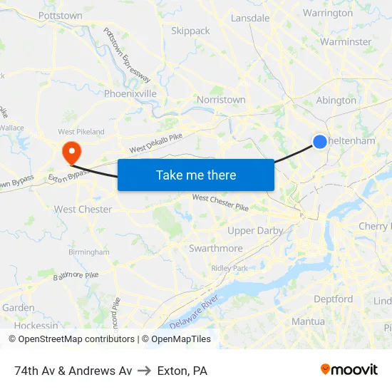 74th Av & Andrews Av to Exton, PA map