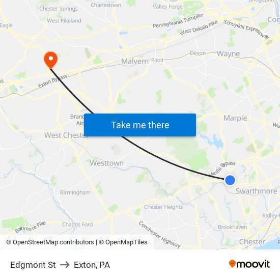 Edgmont St to Exton, PA map