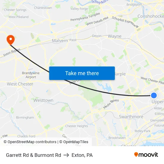 Garrett Rd & Burmont Rd to Exton, PA map