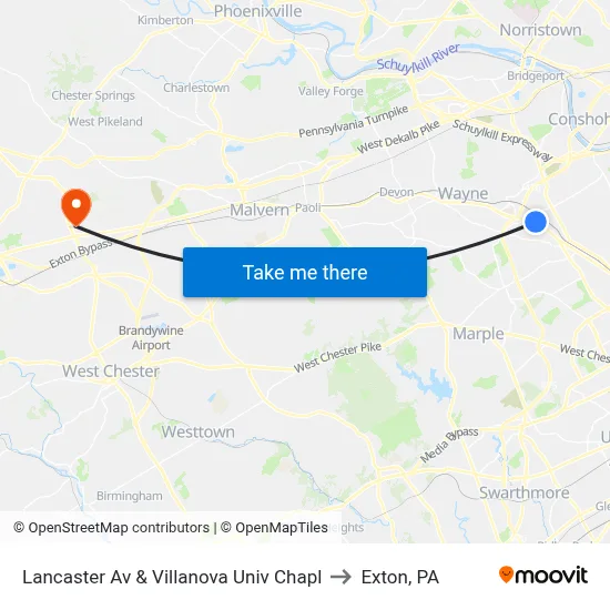 Lancaster Av & Villanova Univ Chapl to Exton, PA map