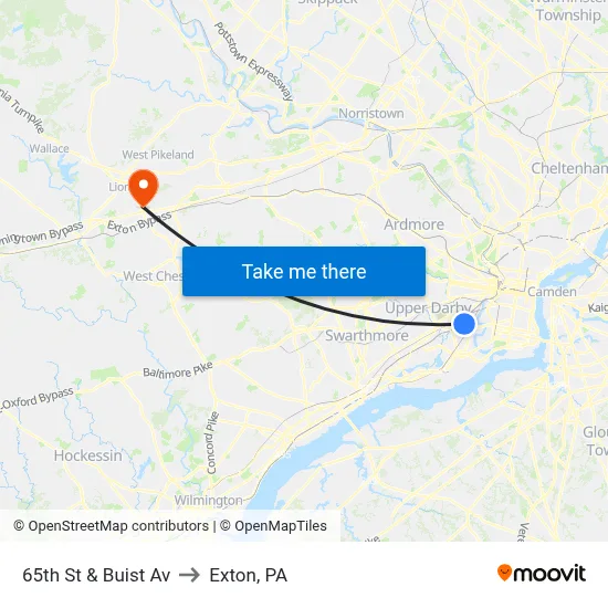 65th St & Buist Av to Exton, PA map