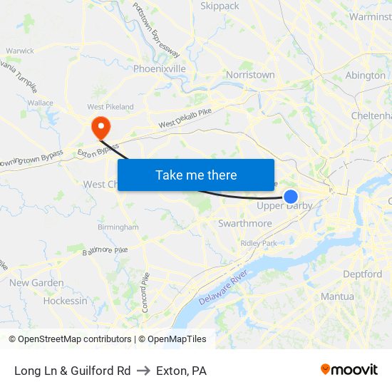Long Ln & Guilford Rd to Exton, PA map