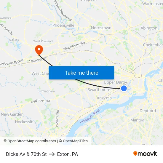 Dicks Av & 70th St to Exton, PA map
