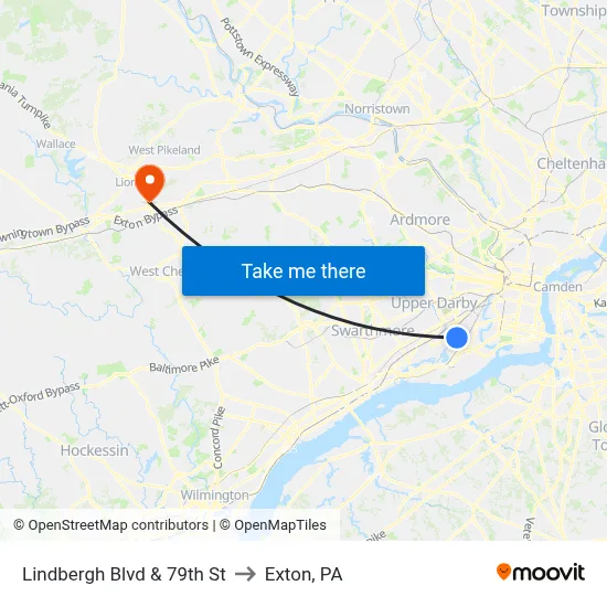 Lindbergh Blvd & 79th St to Exton, PA map