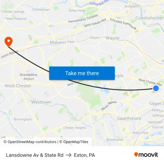 Lansdowne Av & State Rd to Exton, PA map