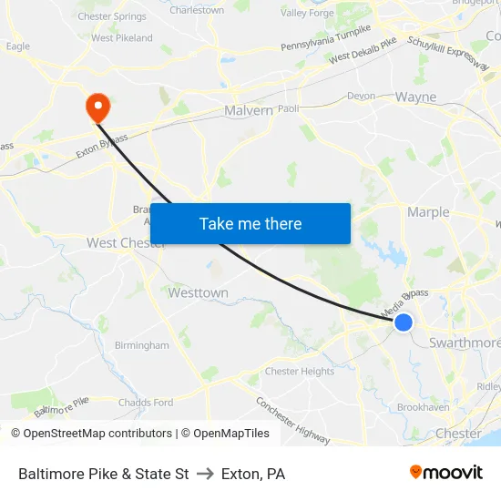 Baltimore Pike & State St to Exton, PA map