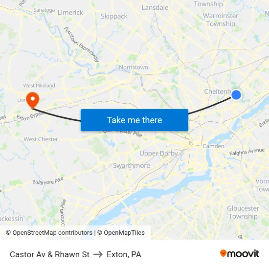 Castor Av & Rhawn St to Exton, PA map