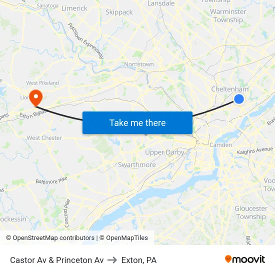 Castor Av & Princeton Av to Exton, PA map