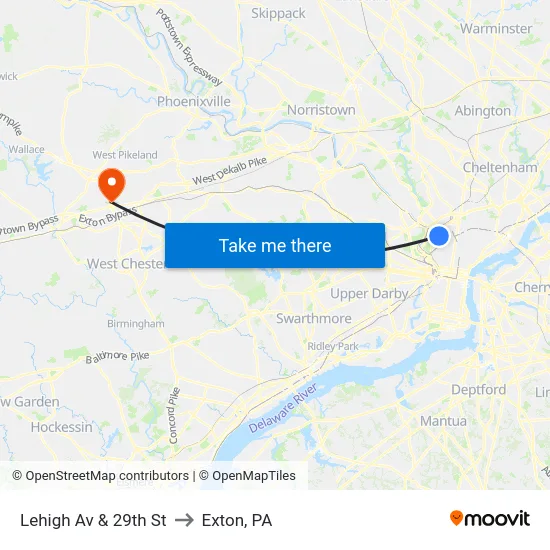 Lehigh Av & 29th St to Exton, PA map