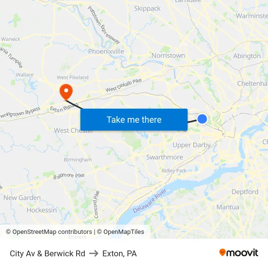 City Av & Berwick Rd to Exton, PA map