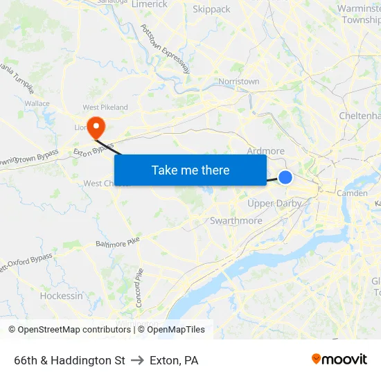 66th & Haddington St to Exton, PA map