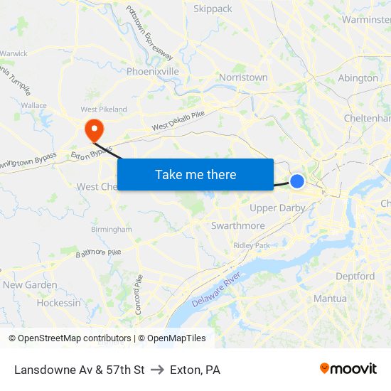 Lansdowne Av & 57th St to Exton, PA map