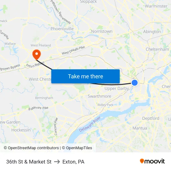 36th St & Market St to Exton, PA map