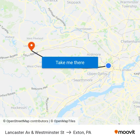 Lancaster Av & Westminster St to Exton, PA map